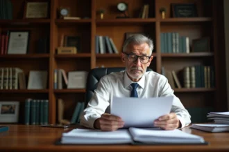 Homme consultant des documents immobiliers officiels dans un bureau de notaire pour comprendre sa contribution sécurité immobilière