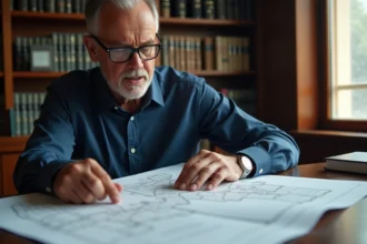 Homme consultant un plan cadastral pour identifier le propriétaire d'une parcelle dans un bureau notarial