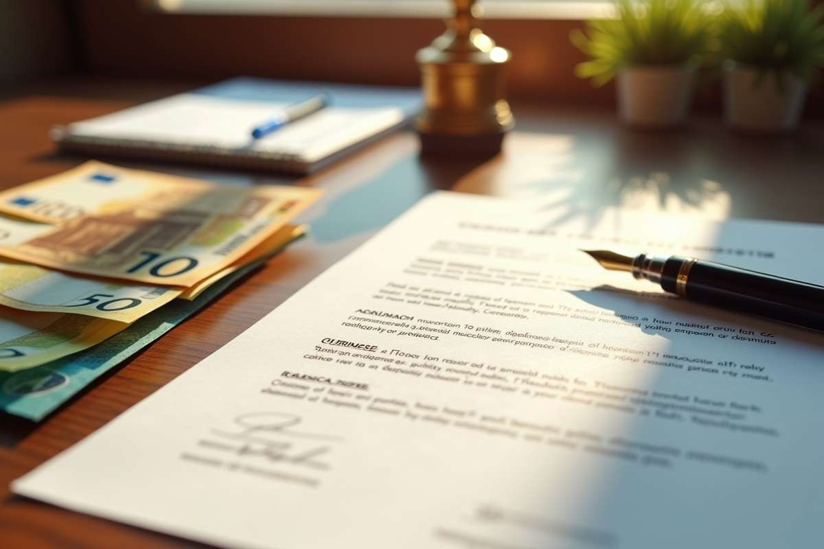 Contrat signé billets d euros et cheque sur une table élégante
