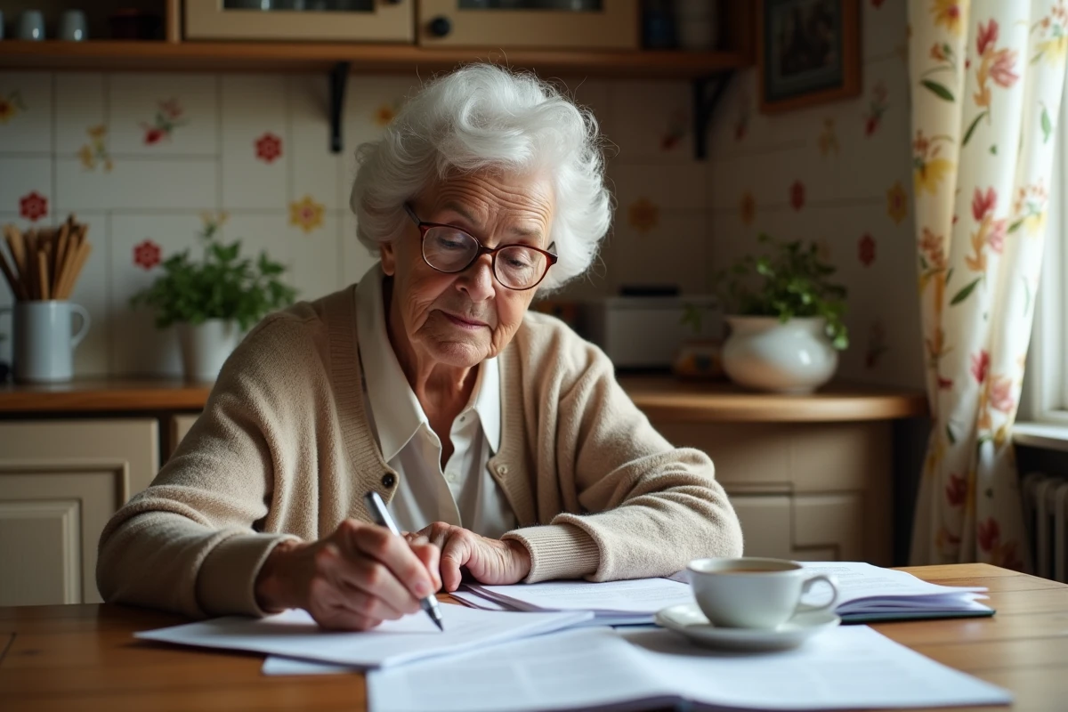 Femme âgée lisant attentivement un contrat de vente en viager avec ses annotations à son domicile