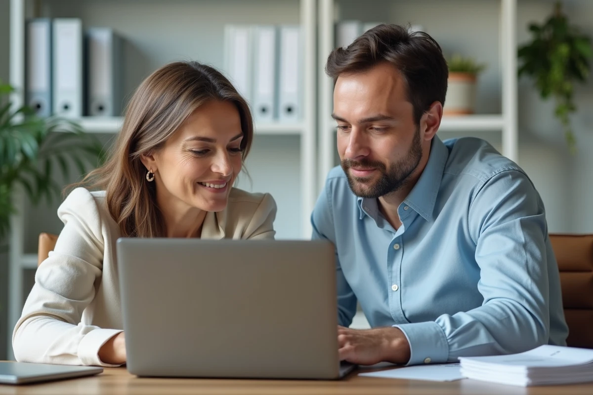 Deux copropriétaires consultant ensemble la plateforme MyCitya sur ordinateur portable dans un bureau à domicile