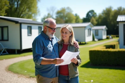 Couple examinant un contrat devant un mobilhome en camping