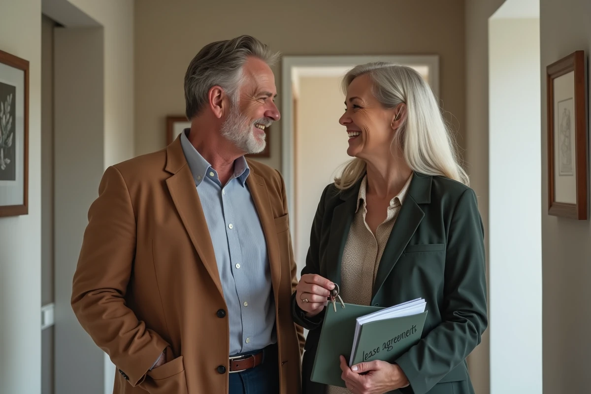 Couple tenant des clés et un dossier de bail dans le couloir