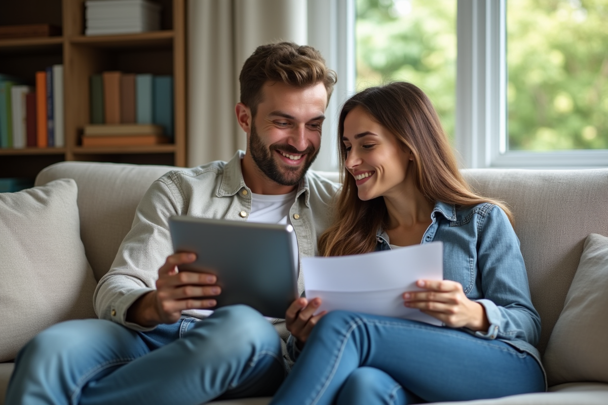 Jeune couple discutant d assurances sur un sofa