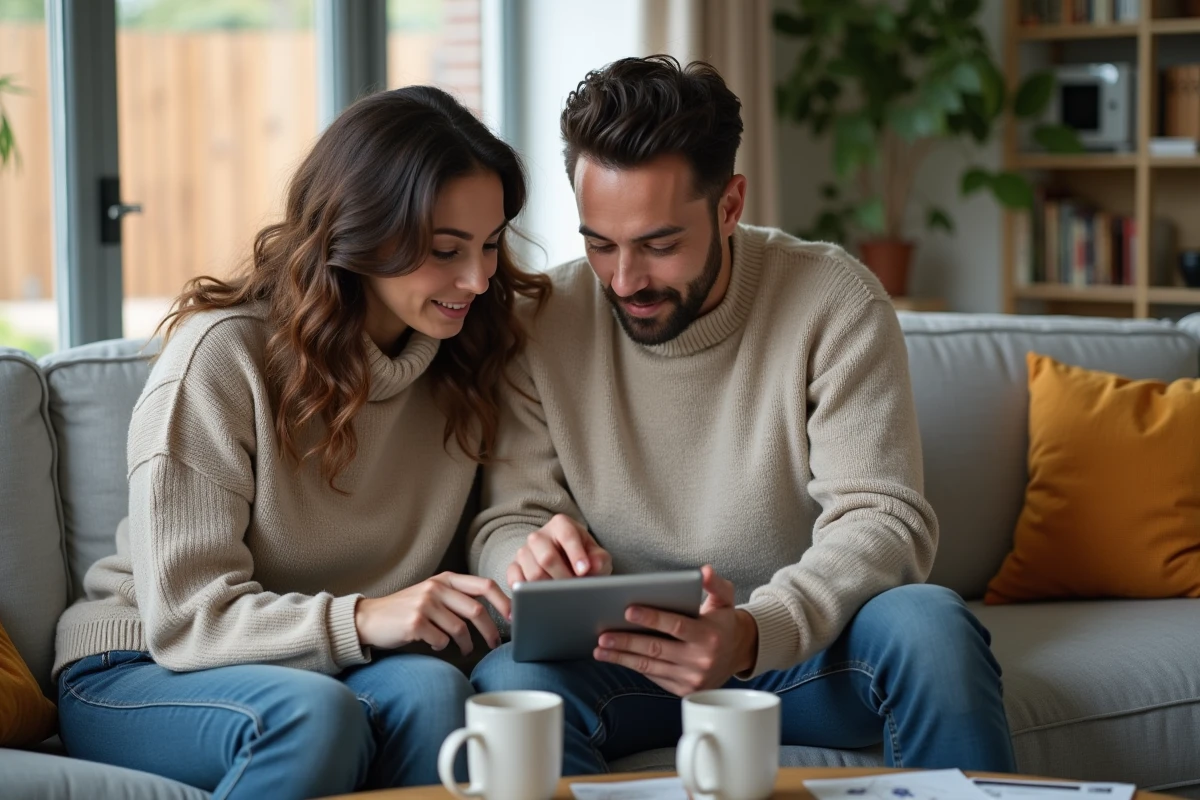 Couple consultant un logiciel d'estimation immobilière sur tablette dans leur salon pour préparer la vente de leur bien
