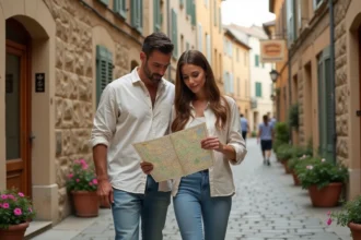 Couple de nouveaux arrivants explorant un quartier de Bergerac avec une carte des rues en main