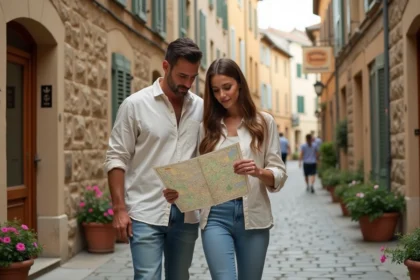 Couple de nouveaux arrivants explorant un quartier de Bergerac avec une carte des rues en main