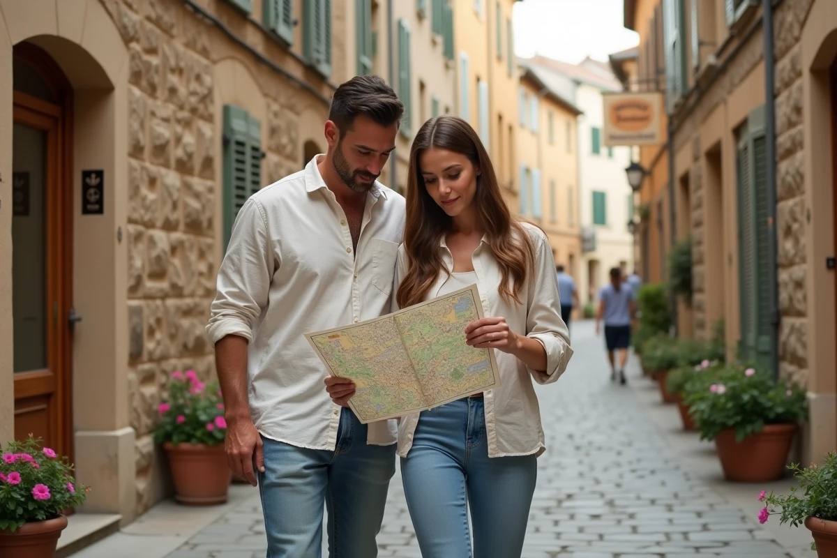 Couple de nouveaux arrivants explorant un quartier de Bergerac avec une carte des rues en main