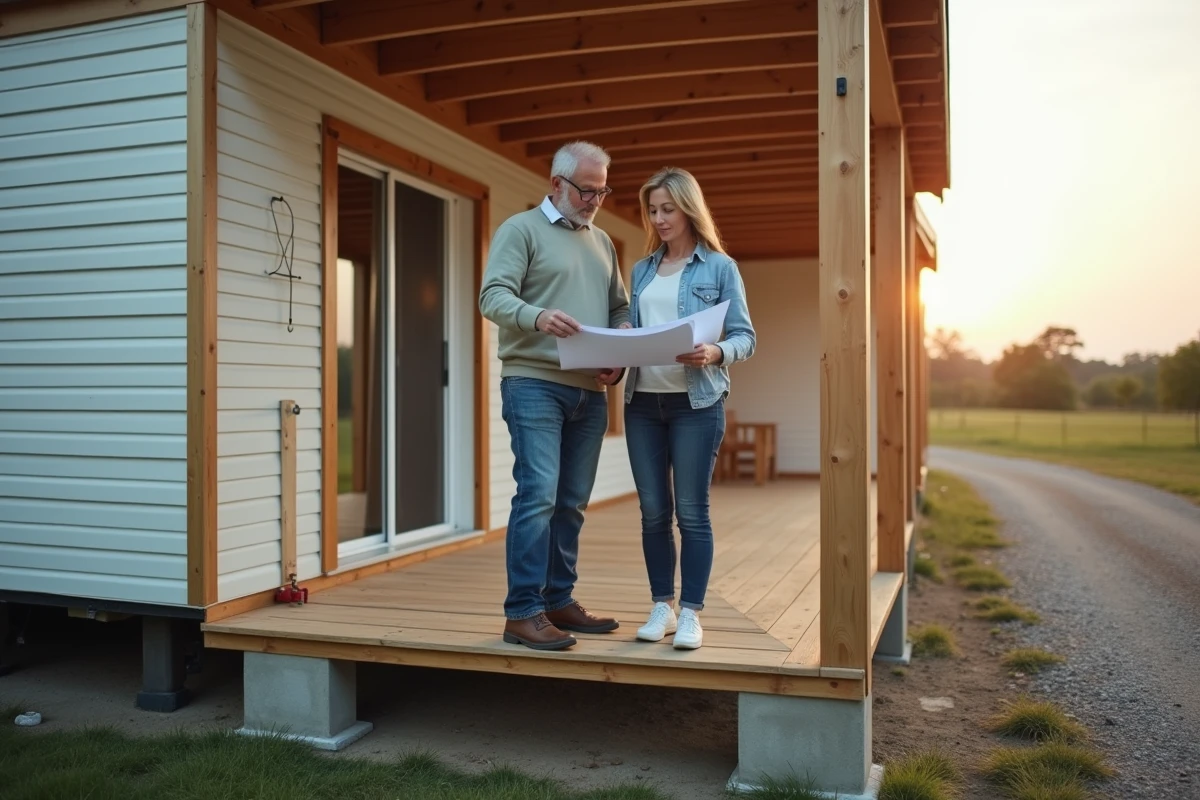 Couple consultant des documents administratifs sur la terrasse d'un mobil home installé à titre de résidence principale sur terrain privé