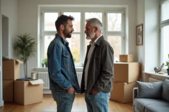 Couple français dans un salon lumineux en pleine réflexion