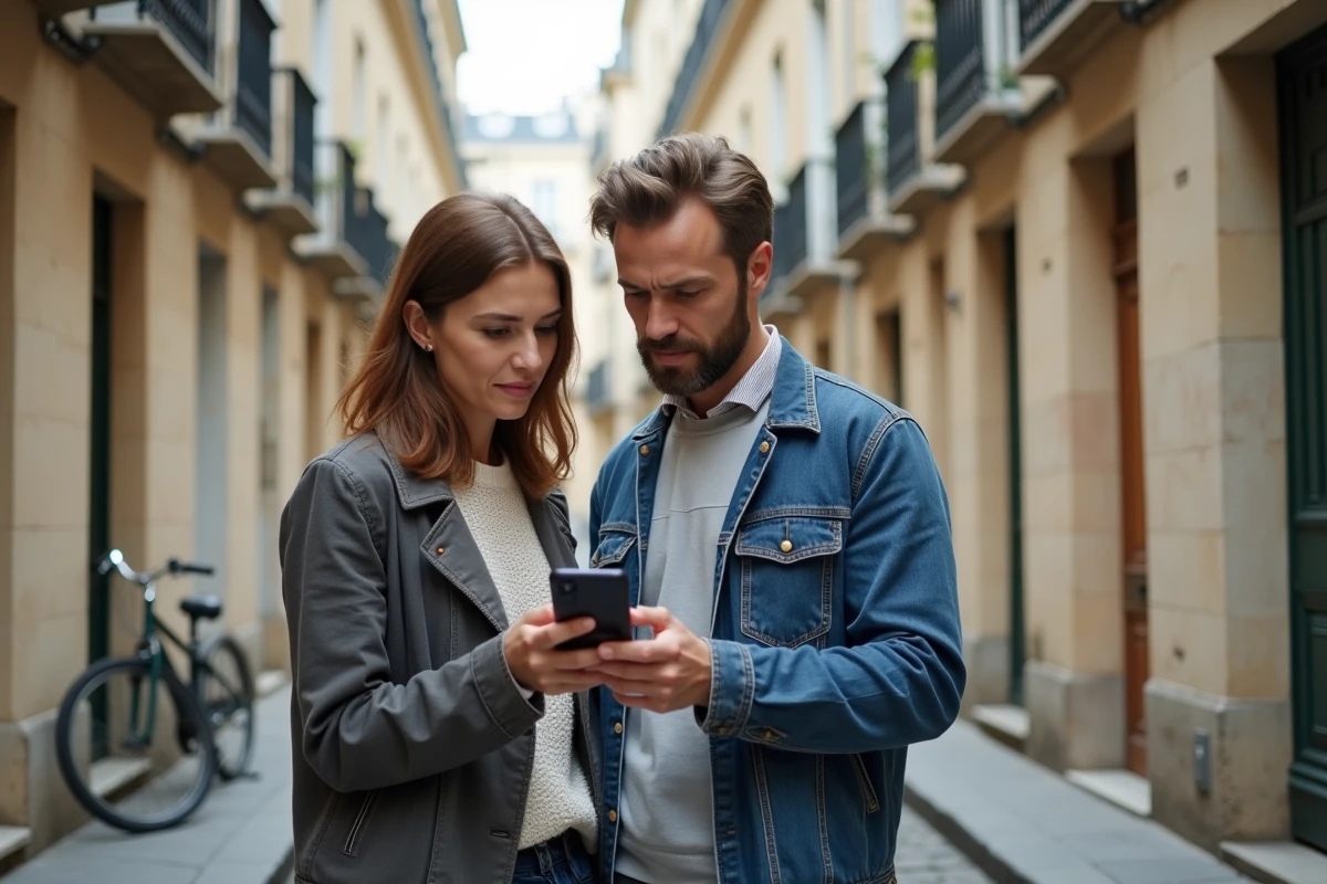 Couple de propriétaires consultant les avis 123loger sur smartphone devant un immeuble résidentiel français