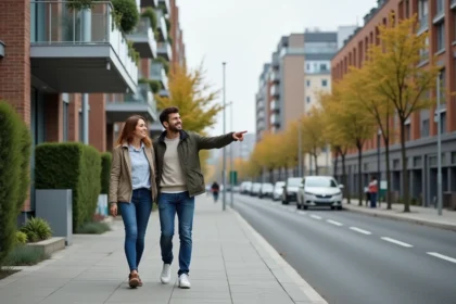 Jeune couple se promenant dans un quartier résidentiel moderne de Créteil en 2026, pointant vers des immeubles contemporains avec balcons végétalisés