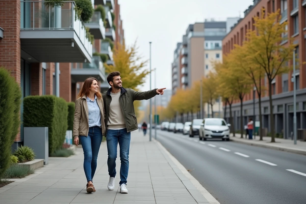 Jeune couple se promenant dans un quartier résidentiel moderne de Créteil en 2026, pointant vers des immeubles contemporains avec balcons végétalisés