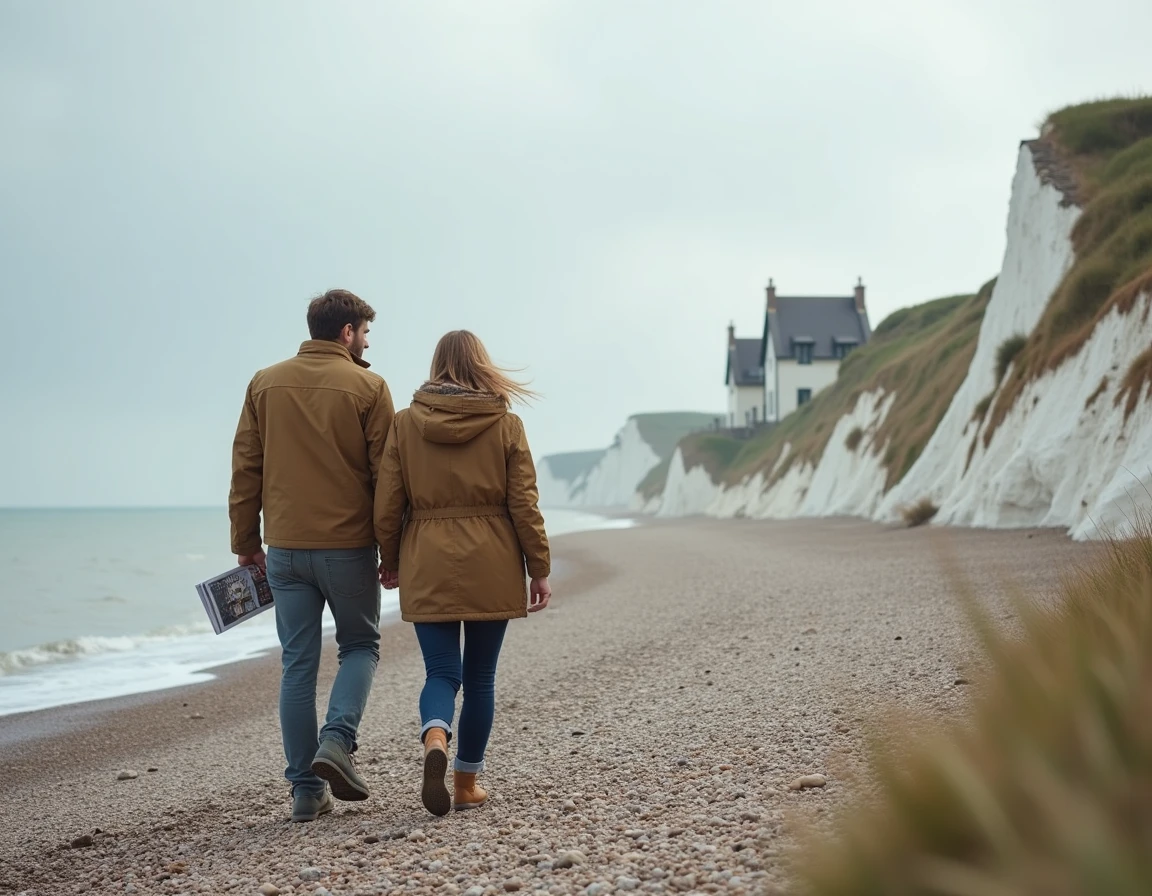 Couple se promenant sur une plage de galets en Normandie en cherchant un bien immobilier en bord de mer
