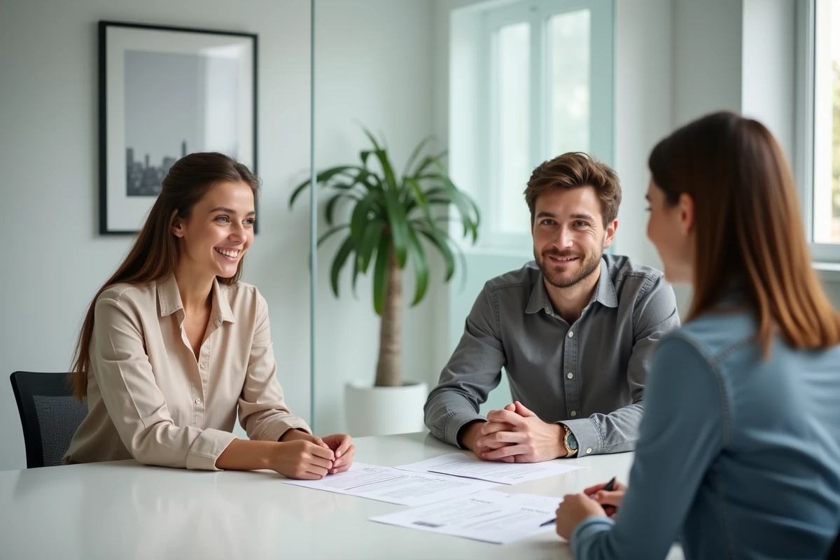Couple de primo-accédants en réunion avec une notaire pour examiner les frais de négociation immobiliers
