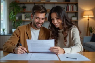 Jeune couple regardant des documents de location ensemble