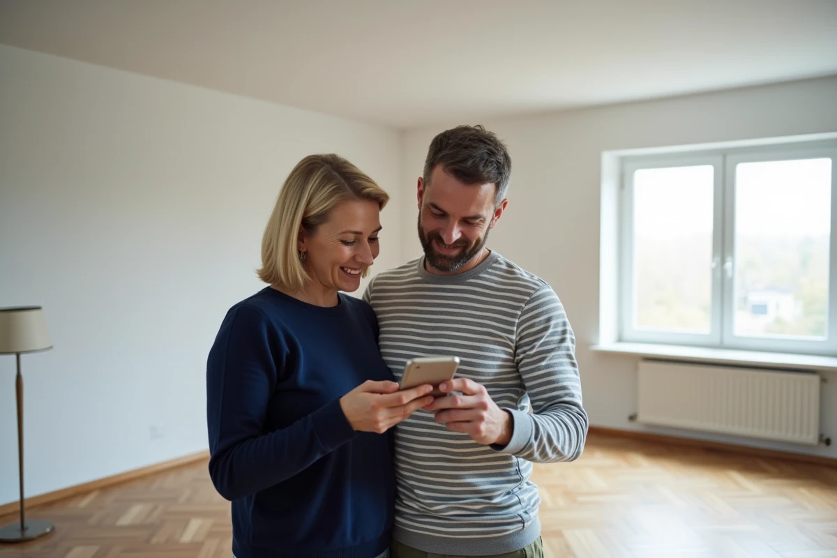 Couple consultant un site de fournisseur d'énergie sur smartphone dans un appartement vide après achat immobilier
