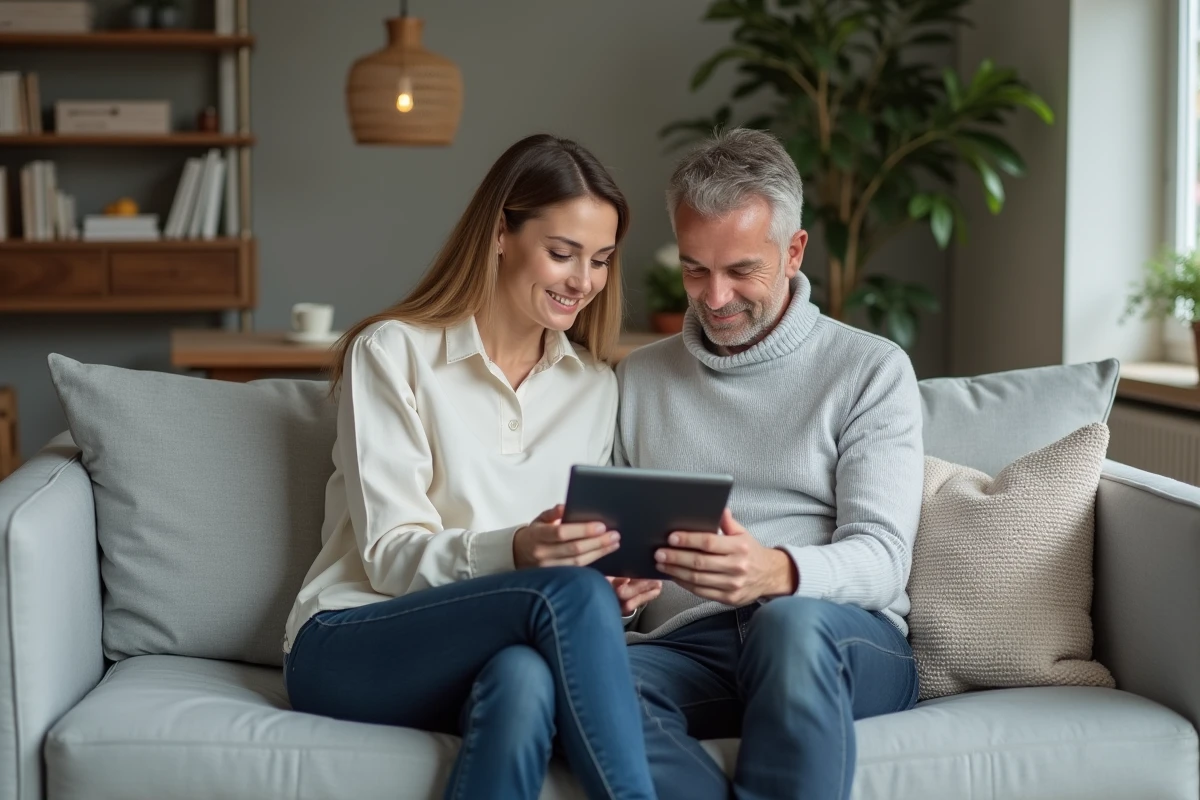 Couple consultant l'espace client MyFoncia sur tablette dans leur salon pour gérer leur logement