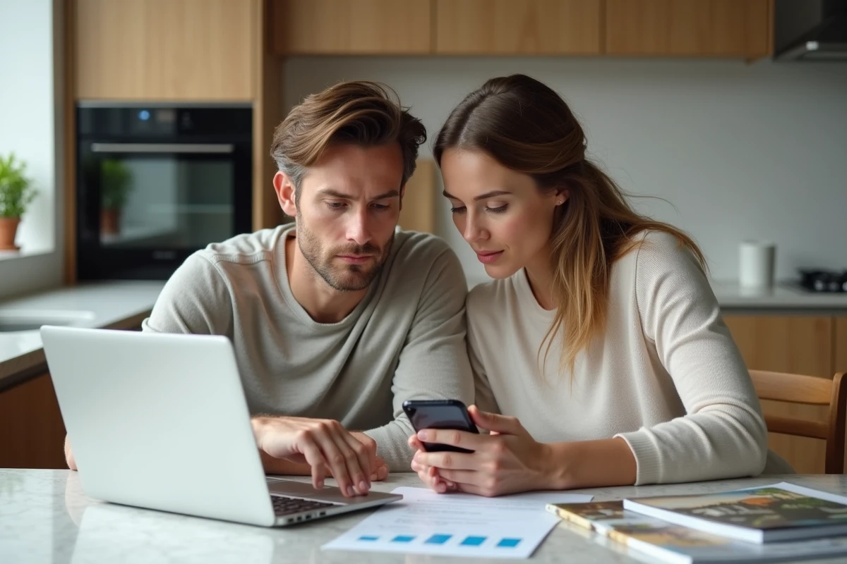 Couple vérifiant les avis Icade sur internet avant la signature d'un contrat immobilier
