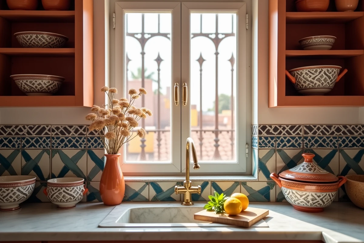 Cuisine d'appartement à Marrakech avec carreaux de zellige bleus, étagères en terre cuite et céramiques marocaines peintes à la main soigneusement mises en scène