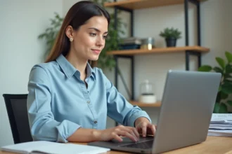 Agente immobilière SAFTI débutante découvrant la plateforme omegasafti sur son ordinateur portable dans un bureau à domicile