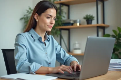 Agente immobilière SAFTI débutante découvrant la plateforme omegasafti sur son ordinateur portable dans un bureau à domicile