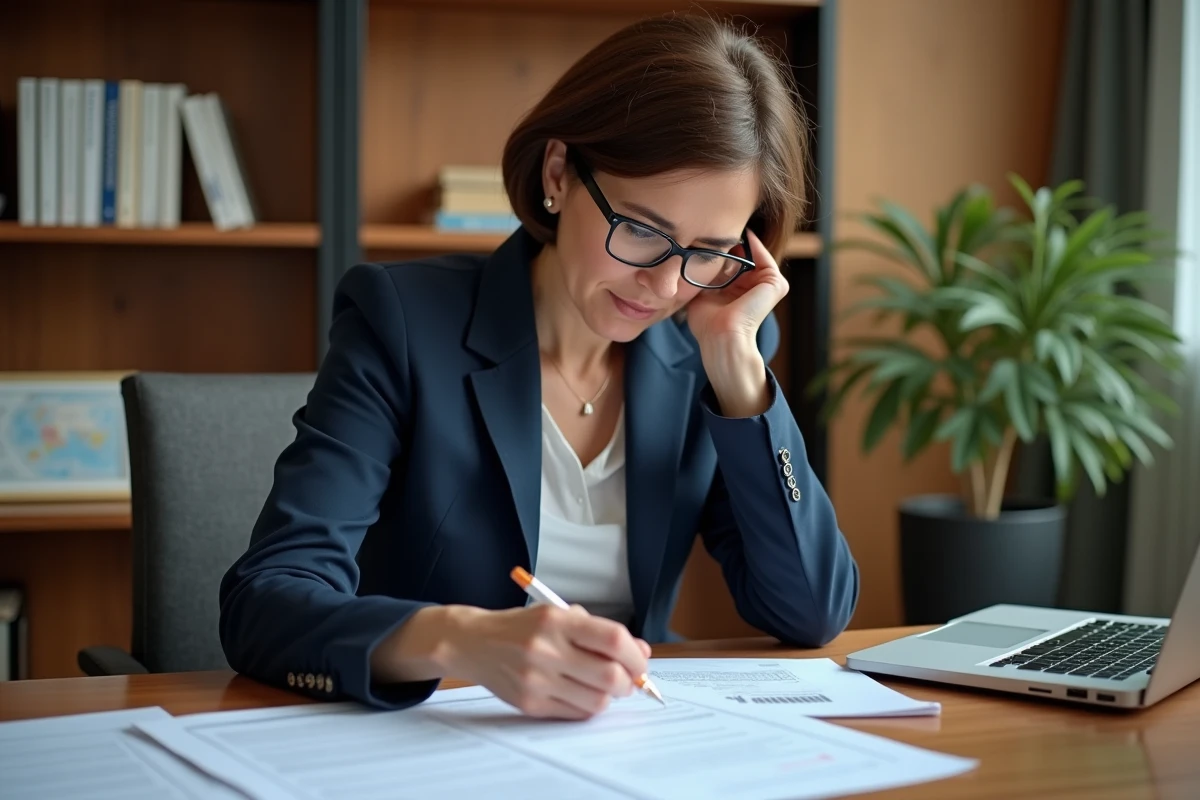 Femme consultant des documents fiscaux pour déclarer une vente immobilière aux impôts