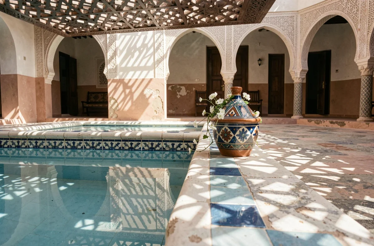 Détail de carrelage zellige marocain autour d'une piscine de villa à Marrakech à vendre