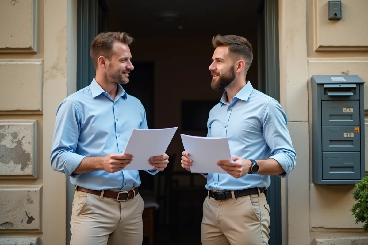 Deux hommes discutant de documents électriques devant un immeuble