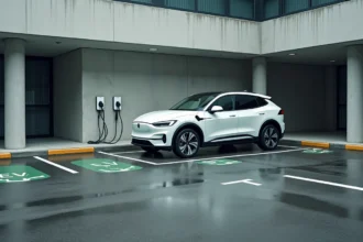 Place de parking élargie pour véhicule électrique avec borne de recharge murale et marquage au sol vert dans un parking urbain moderne