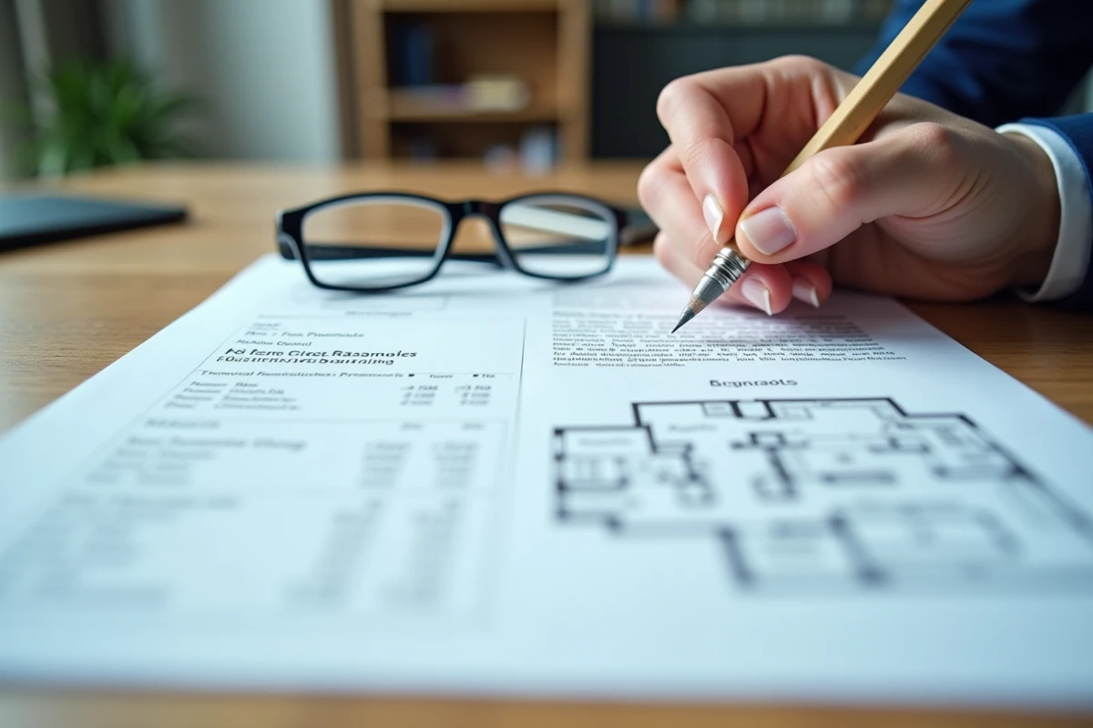 Gros plan sur des documents de frais notariaux annotés avec des lunettes et un crayon sur un bureau en bois