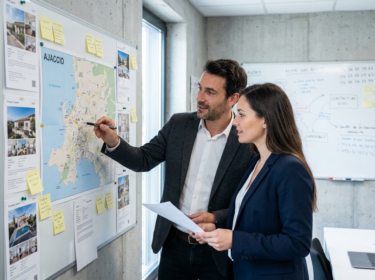Équipe d'agents immobiliers analysant le marché immobilier d'Ajaccio dans leur agence
