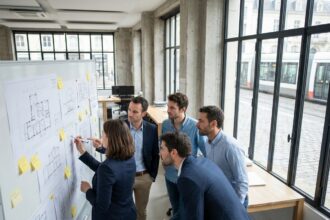 Équipe de professionnels évaluant la superficie de bureaux à Nantes autour d'un tableau blanc avec des plans d'aménagement