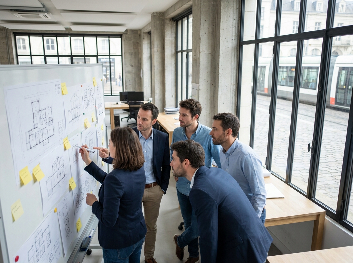 Équipe de professionnels évaluant la superficie de bureaux à Nantes autour d'un tableau blanc avec des plans d'aménagement