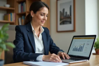 Femme professionnelle utilisant un logiciel d'estimation immobilière en ligne sur ordinateur portable dans un bureau à domicile moderne