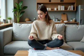 Jeune femme étudiant des plans d'appartement T3 dans un salon de petit logement moderne