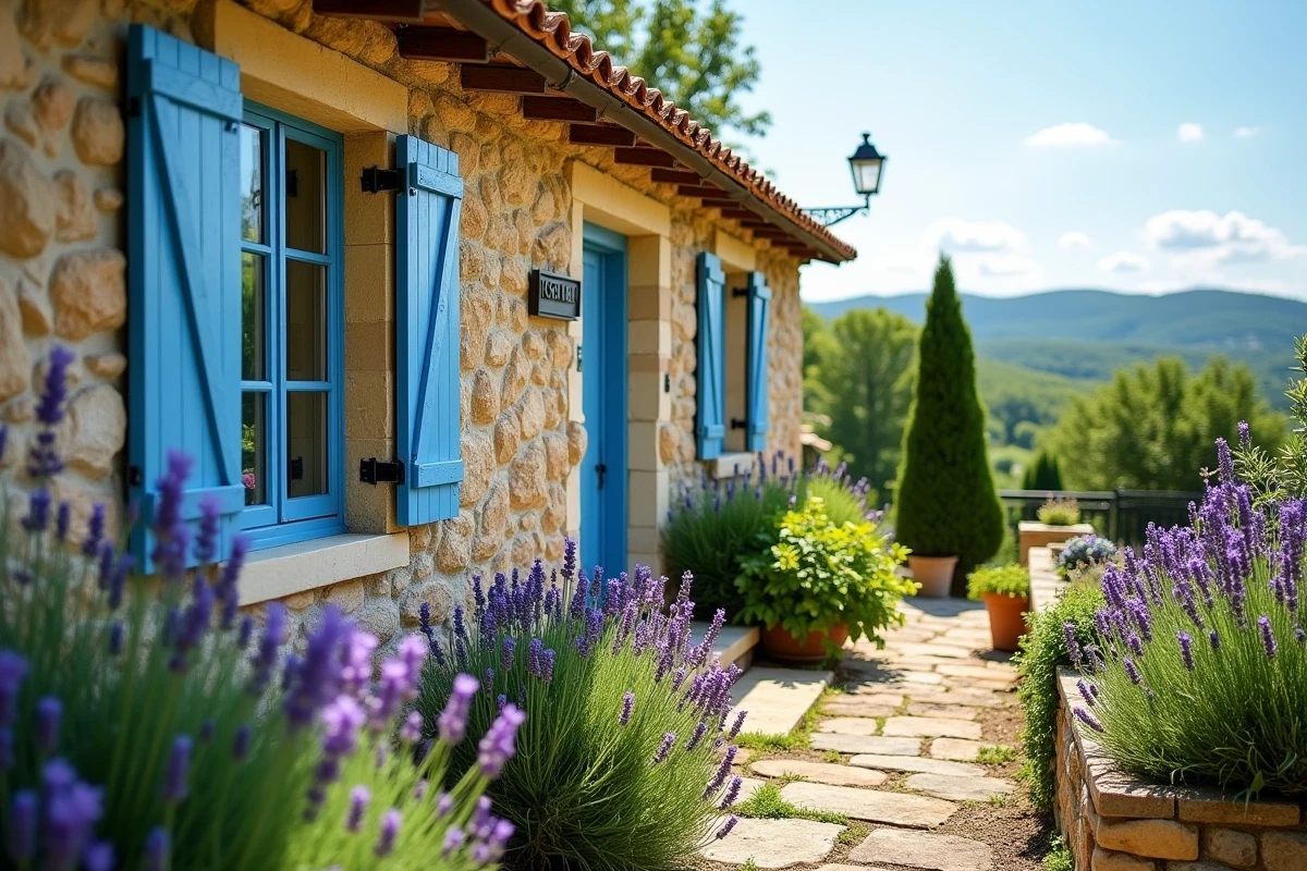 Façade en pierre d'un gîte de France avec volets bleus et jardin de lavande en fleur en région Dordogne