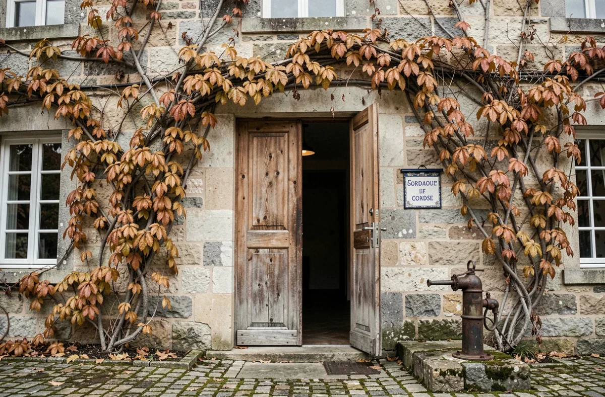 Façade en pierre d'un domaine viticole bordelais avec vigne grimpante en automne et porte ancienne entrouverte