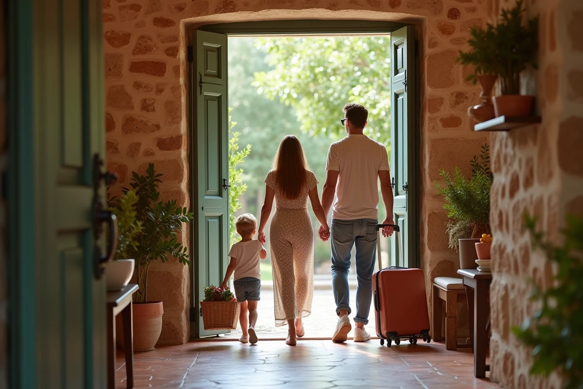 Famille accueillante entrant dans une maison rustique avec panier