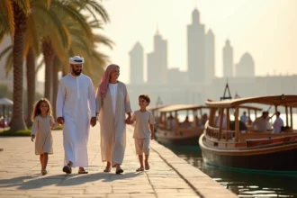 Famille émirati multigénérationnelle se promenant sur la corniche de Dubai Creek à Deira avec des boutres en arrière-plan