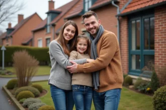 Famille souriante devant leur maison en nord France