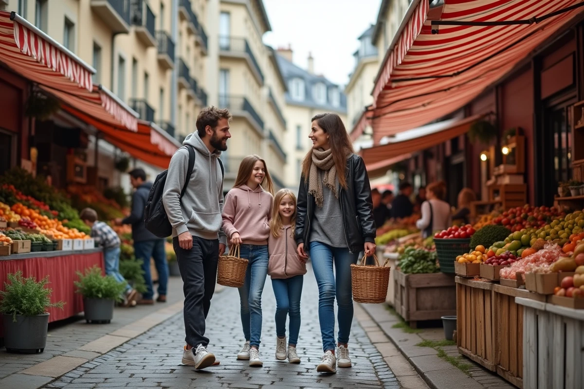 Famille faisant leurs courses au marché de plein air d'un quartier de Créteil, atmosphère conviviale et vie de quartier animée