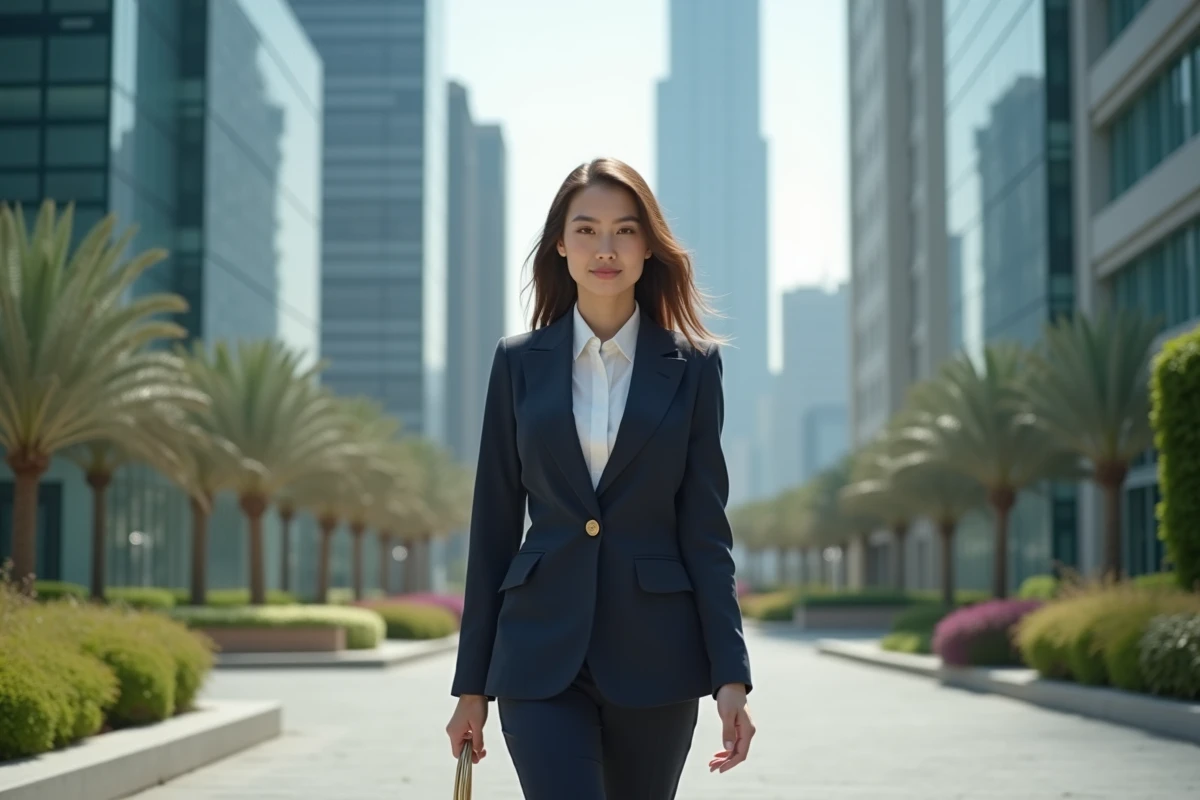 Jeune femme d'affaires marchant devant Almas Tower à Dubaï