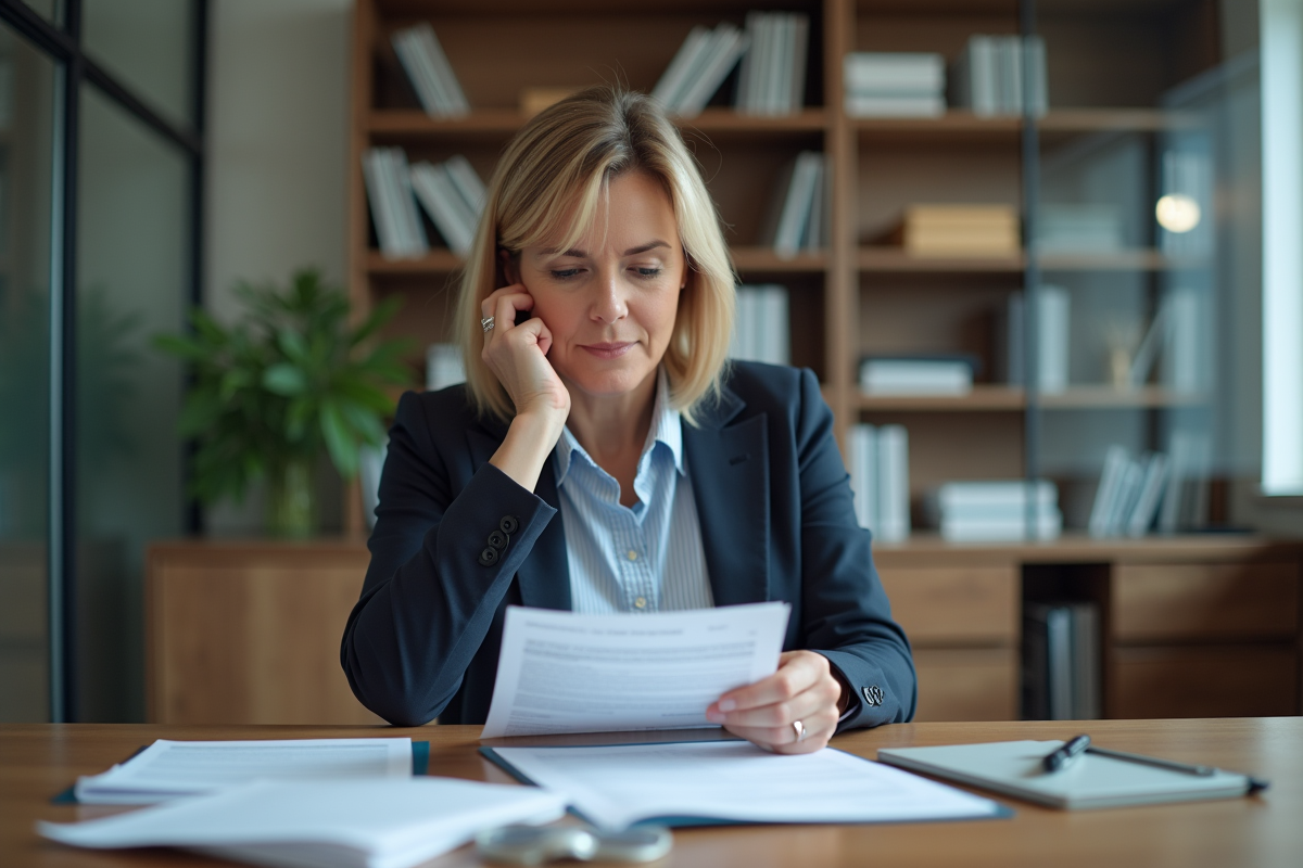Femme d affaires examinant des documents d assurance