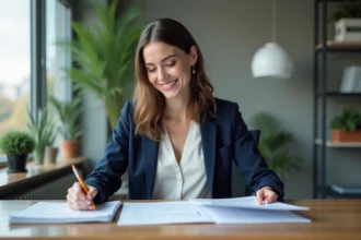 Femme d'affaires souriante vérifiant des documents dans un bureau moderne