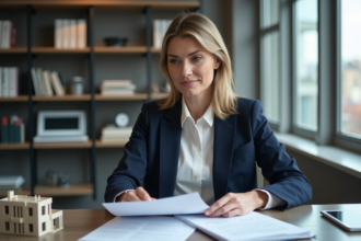 Femme d'affaires en bureau avec documents immobiliers