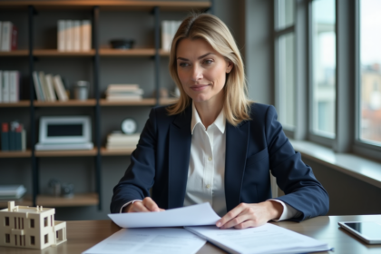Femme d'affaires en bureau avec documents immobiliers