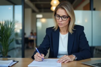 Femme d affaires concentrée à son bureau lors de la revue d un contrat