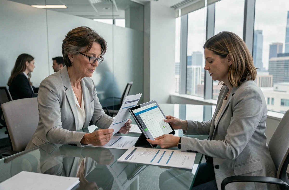 Femme d'affaires comparant des données de simulation de rentabilité immobilière en réunion professionnelle