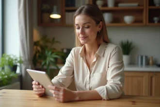 Femme utilisant une application de gestion de copropriété sur tablette dans son appartement